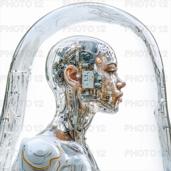 Medical a human head with brain and computer chip, symbol image KI in the human brain, ai generated, AI generated