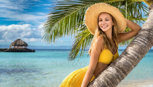 AI generated, A blonde girl enjoys a holiday in the Caribbean while sitting on a palm tree on the beach