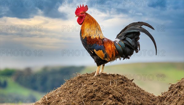 KI generated, A beautiful rooster stands on a dung heap, farmyard, (Gallus gallus domesticus)