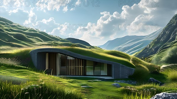 House nestled within a hillside grass blanketed roof harmonizing with the landscape, AI generated, building, architecture, modern