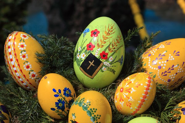 Detail of an Easter fountain in Franconian Switzerland, Bamberg district, Upper Franconia, Germany, many colourful blown-out and dyed eggs as decoration, Easter custom, Europe