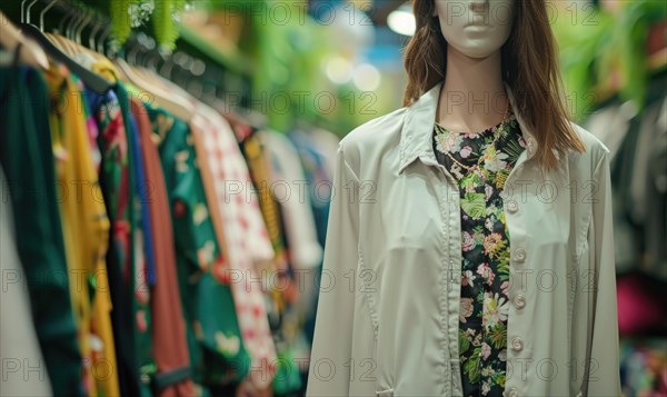 Mannequin dressed in casual wear in a clothing store's blurry ambiance AI generated