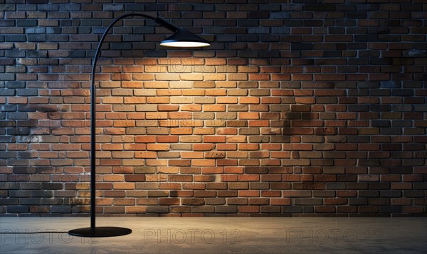 A modern arc floor lamp stands out against a brick wall, providing warm lighting in a sophisticated setting AI generated