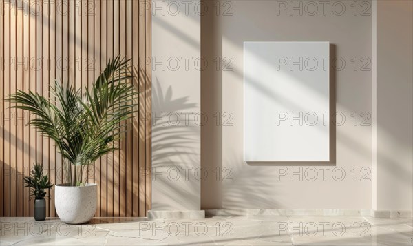 Minimalist interior design with a potted plant casting shadow on a wall beside an empty frame AI generated