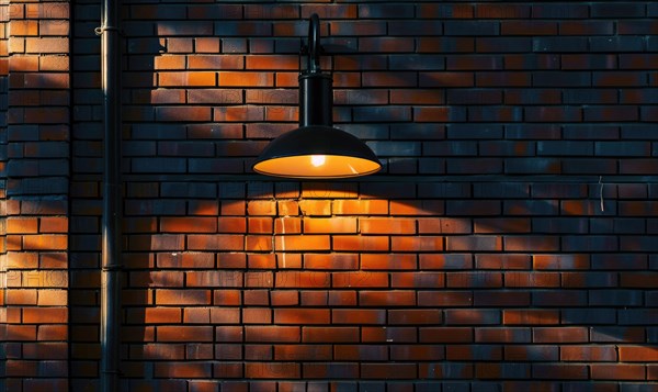 An outdoor lamp casts a warm glow on a red brick wall, creating a cozy evening ambiance AI generated