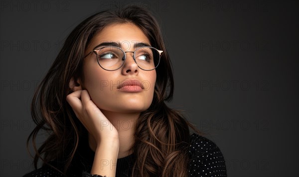 A pensive young woman wearing glasses looking upwards with a dark background AI generated