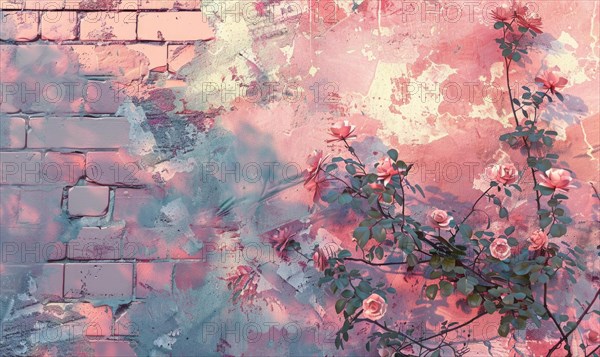 Roses on a red vintage brick wall with a distressed texture AI generated