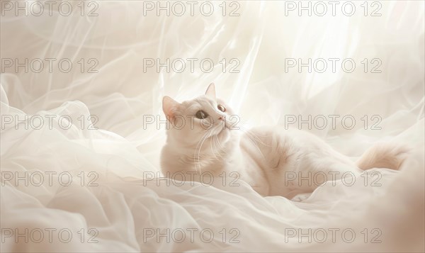 A serene white cat lying on soft, glowing fabric creating an ethereal atmosphere AI generated