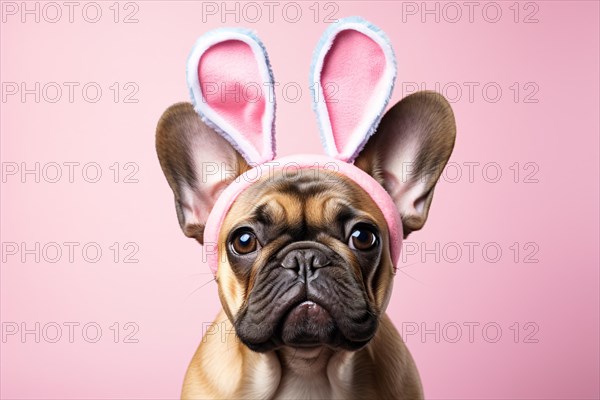 Funny French Bulldog dog with Easter bunny costume ears in front of pink studio background. KI generiert, generiert AI generated