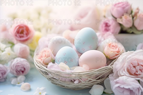 Pastel colored Easter eggs in white basket surrounded by pink peony flowers. KI generiert, generiert AI generated