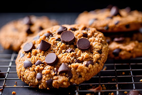 No bake peanut butter and oatmeal cookies dusted with flax seeds dark chocolate chips, AI generated