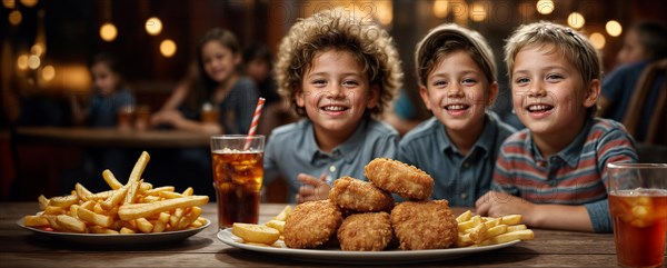 Three cheerful children enjoying fast food meals together indoors at bistrot, wide horizontal aspect ratio, blurred sunny background with bokeh effect, AI generated