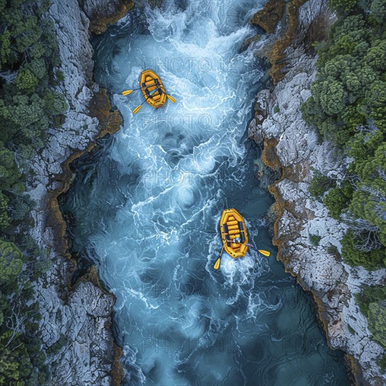 Whitewater riders ride boats through rapids, AI generated