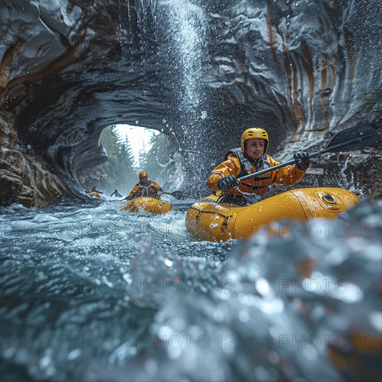 Whitewater riders ride boats through rapids, AI generated