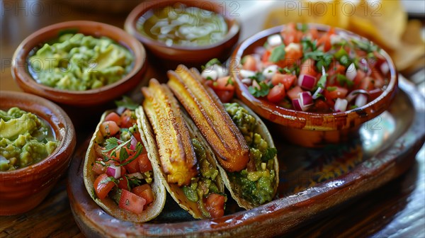 Delicious Mexican tacos with fresh salsa and guacamole, vibrant and inviting, ai generated, AI generated