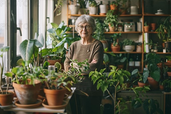 Content woman surrounded by an array of lush houseplants, AI generated