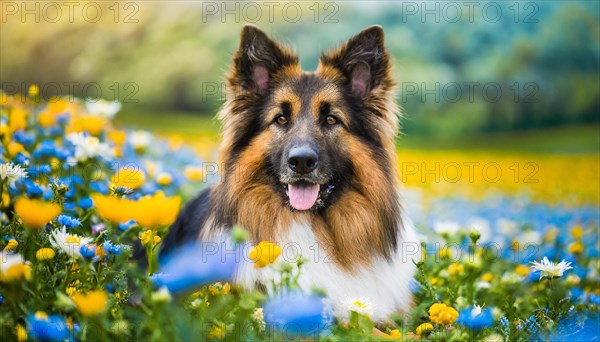 KI generated, A German shepherd dog lies in the grass of a meadow with many flowers
