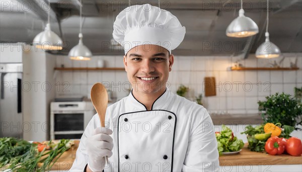 AI generated, portrait, an attractive chef in the kitchen of a hotel