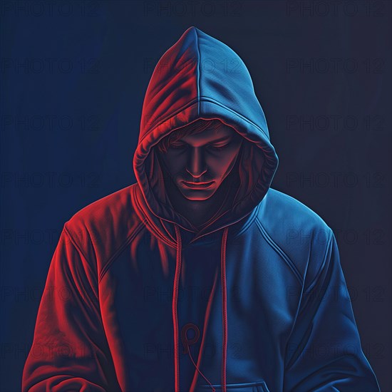 Illustration, teenager with hoodie in gloomy surroundings looks sad, symbolic image for depression in children and adolescents, AI generated, AI generated, AI generated