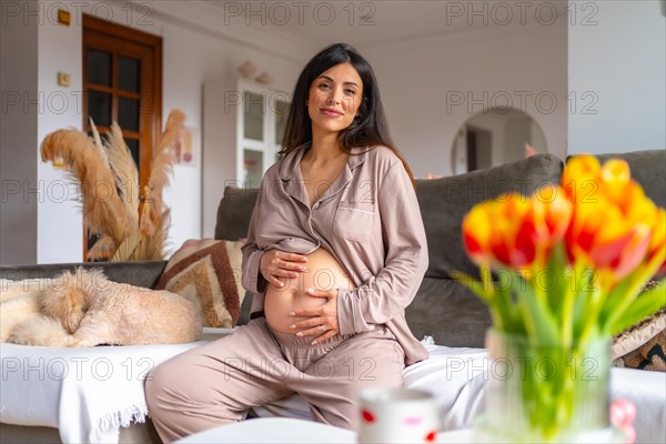 Portrait of a happy beauty pregnant woman at home sitting comfortable on the sofa next to a dog