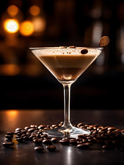 Espresso martini in a frosted cocktail glass adorned with three coffee beans, AI generated