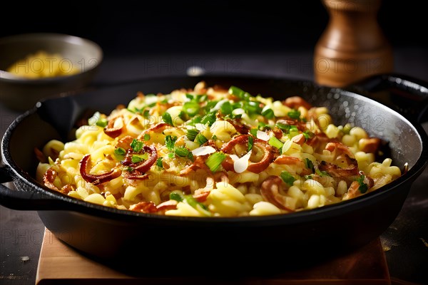 Cheese spaetzle nestled in a cast iron skillet fried onions caramelized to a golden crisp, AI generated