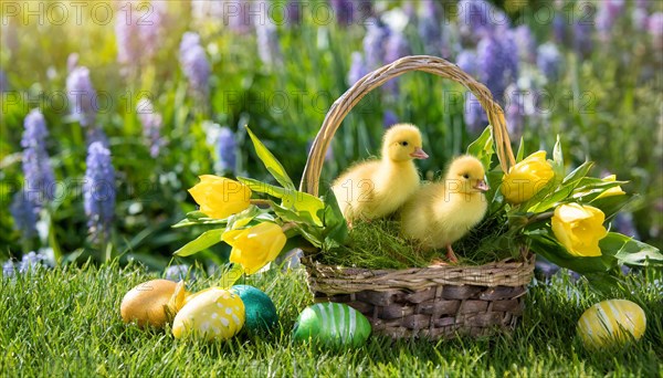 Ai generated, An Easter basket with coloured eggs in a meadow with colourful flowers, two goslings in the basket, symbolic image Easter, animal children