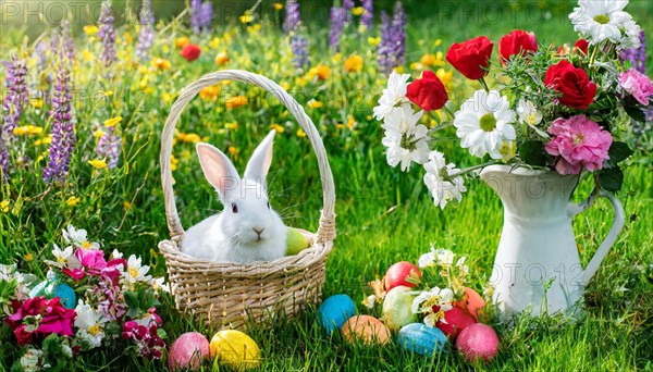 Ai generated, An Easter basket with coloured eggs in a meadow with colourful flowers, in the basket a white rabbit, symbolic picture Easter, animal children, dwarf rabbit