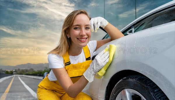 AI generated, A blonde woman washes a car by hand, silver sports car