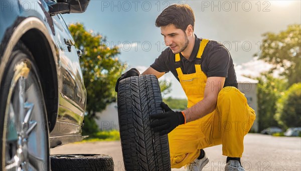 AI generated, A mechanic changes the tyres on a customer's car, Tyre fitting