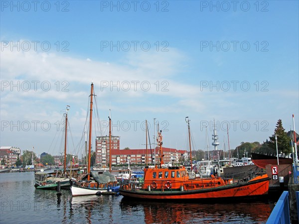 Boats, ships, town hall, Emden harbour, East Frisia, Germany, Europe