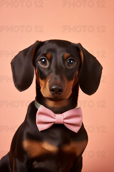 Portrait of cute tan Dachshund dog with pink bowtie in front of studio background. KI generiert, generiert AI generated