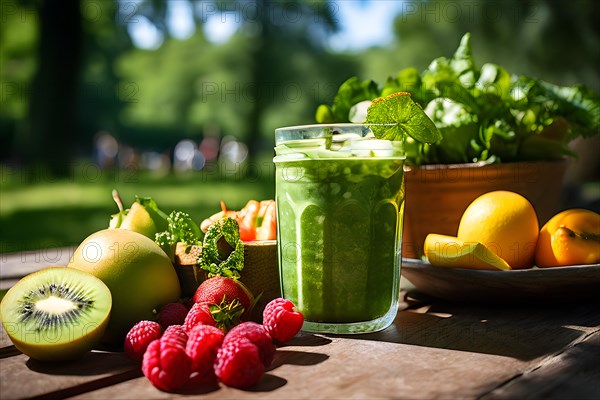 Freshly blended green smoothie swirling with spinach and kale, AI generated