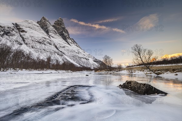 Ice structures in front of Mount Otertinden, Signaldalen, Lyngenfjord, Tromso, Norway, Europe