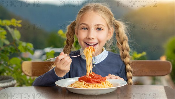 KI generated, A girl, 10, years, eats a plate of spaghetti with relish