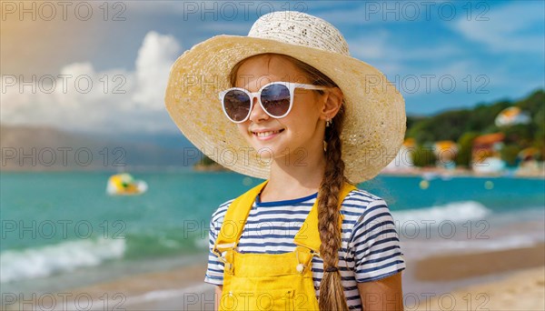 KI generated, An 8 year old blonde girl with sunglasses and a straw hat is on holiday on the beach in the Caribbean