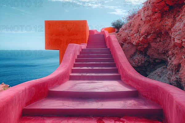 Vivid pink staircase with unique architectural shapes against a seascape and clear sky, AI generated