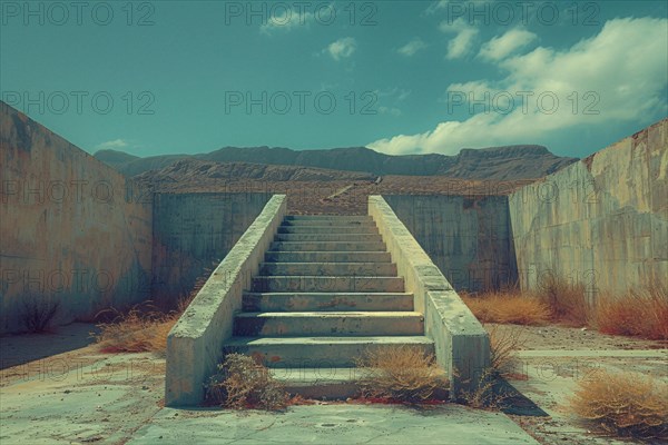 Worn concrete staircase in an arid landscape with overgrown weeds and a sense of abandonment, AI generated
