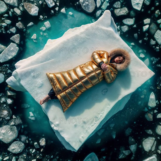 Woman in yellow golden puffer jacket lies on a block of ice alone in the middle of the ocean sea. Environmental issue, climate change agenda, AI generated