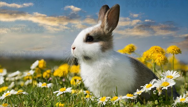 KI generated, A colourful dwarf rabbit in a meadow with white and yellow flowers, spring, side view, (Brachylagus idahoensis)