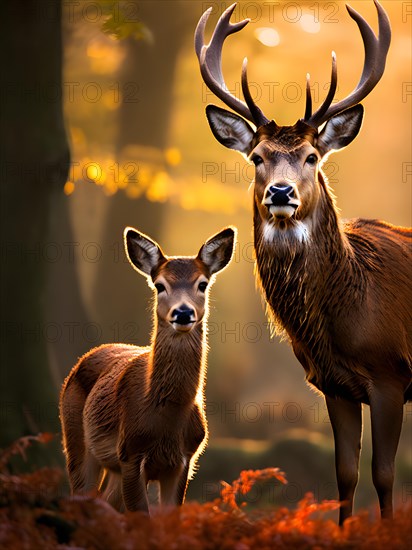 Red deer hind nose to nose with her calf, AI generated