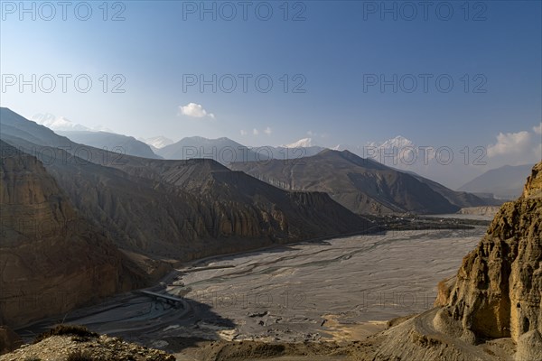 Huge riverbed before the Annapurna mountain range, Kingdom of Mustang, Nepal, Asia