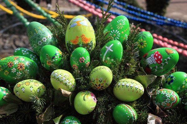 Detail of an Easter fountain in Franconian Switzerland, Bamberg district, Upper Franconia, Germany, many colourful blown-out and dyed eggs as decoration, Easter custom, Europe