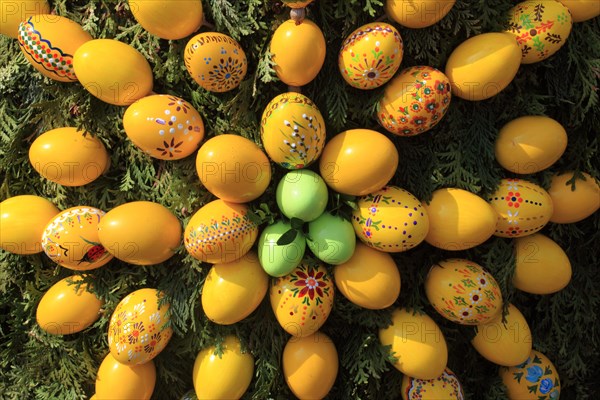 Detail of an Easter fountain in Franconian Switzerland, Bamberg district, Upper Franconia, Germany, many colourful blown-out and dyed eggs as decoration, Easter custom, Europe