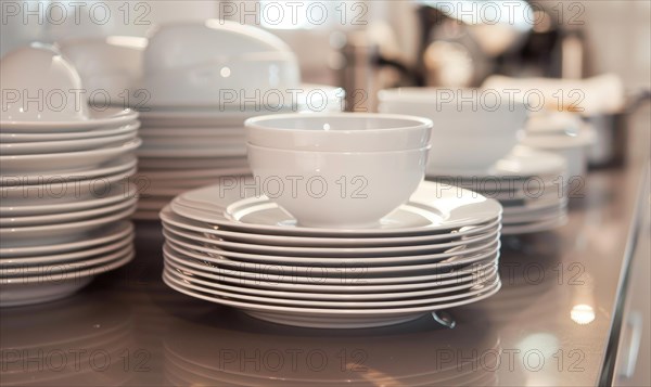 Neatly arranged stacks of white bowls and plates on a kitchen countertop AI generated