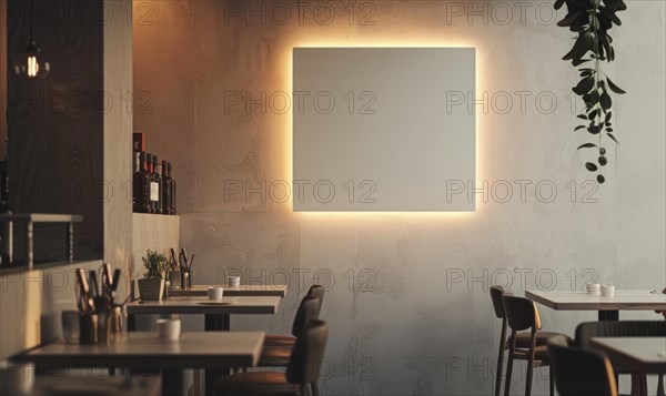 Inviting cafe corner with a glowing picture frame on a textured wall and hanging plants AI generated