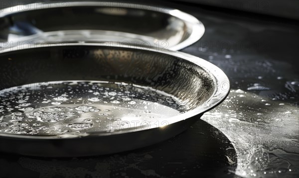 A close-up view of a frying pan with water droplets on a black surface, showcasing texture and reflection AI generated