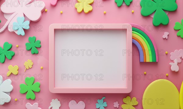 Paper art style with vibrant colors featuring a rainbow and clovers in a frame AI generated