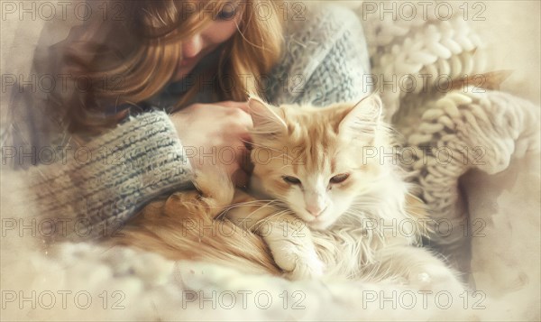 A woman is affectionately cuddling with a fluffy cat in a warm scene AI generated