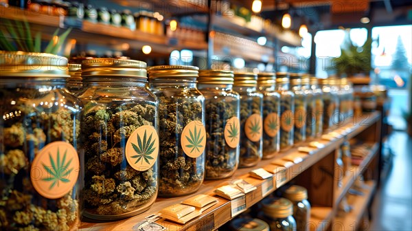 Dried hemp flowers (cannabis) are sold in a jar with a screw cap in a drug shop, AI generated, AI generated